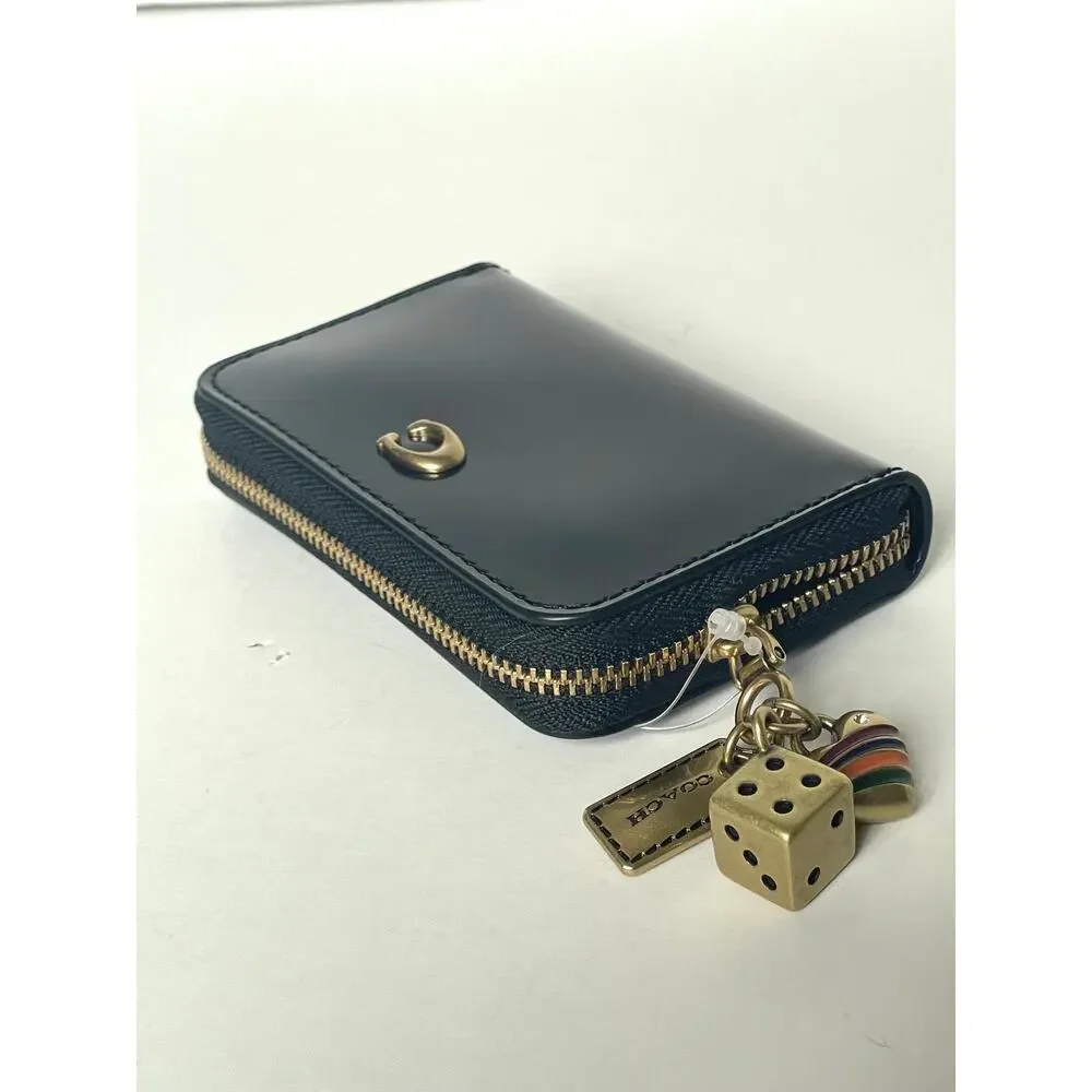 Coach Essential Small Zip Around Wallet Black Spazzolato Leather Charms CCD82
